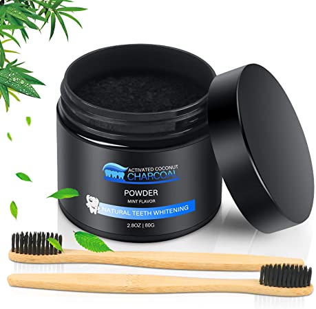 Teeth Whitening Charcoal Powder Natural, Activated Charcoal 0.18lb Mint Flavour Teeth Whitener Kit for Removing Stains and Refreshing Breath, 2 Pcs Natural Bamboo Charcoal Toothbrush Gifts