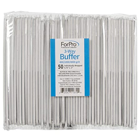 ForPro 3-Way Buffer, Black 400/White 1000/Grey 4000 Grit, Three-Sided Manicure & Pedicure Nail Buffer, 5.75” L x .5” W, 50 Count