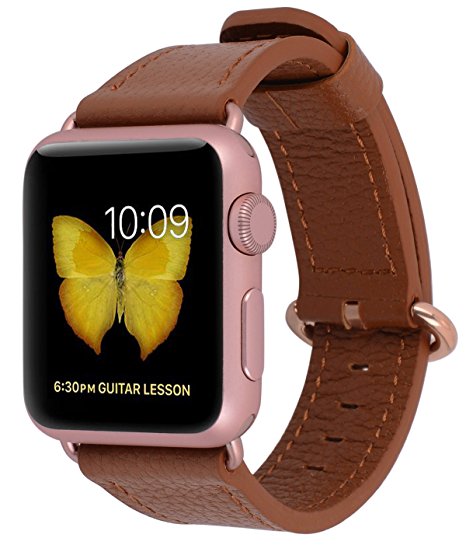 Apple Watch Band 38mm Women - PEAK ZHANG Light Brown Genuine Leather Replacement Wrist Strap with Rose Gold Adapter and Buckle for Iwatch Series 2,Series 1,Sport,Edition