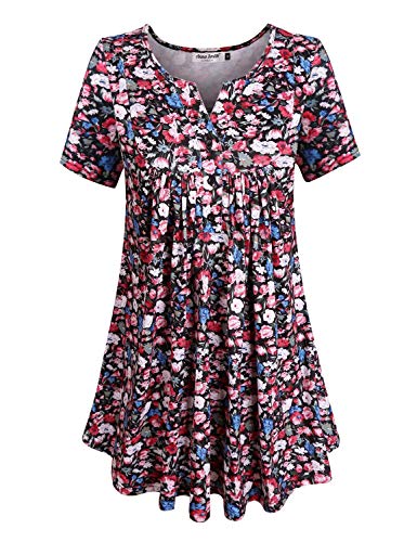 Anna Smith Women's Short Sleeve Split V Neck Floral Printed Pleated Tunic Tops