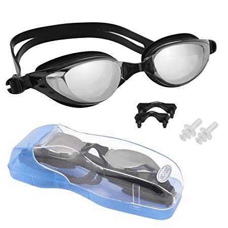 FILWO Adult Goggles for Swimming, Clear Optical Swimming Goggles for Adult Racing Prescription Goggles for Swim Anti Fog Beach Pool Swim Goggles Wide Viewing with Nose Piece, Ear Plugs