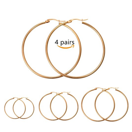 Calors Vitton 4 Pairs Surgical Stainless Steel Hypoallergenic Round Hoop Earrings Set for Women 30-60MM