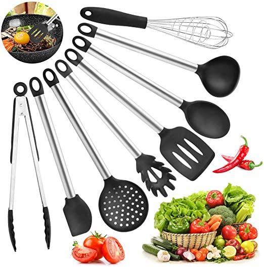 Kitchen Utensils, CCJK Premium Silicone Kitchen Utensils & Serving Utensils Set with Stainless Steel Handles,includes Tongs, Turner Spatula, Flex Spatula, Pasta Server, Serving Spoon, Deep Ladle, 2 Stage Whisk and a Strainer (8-Pieces)