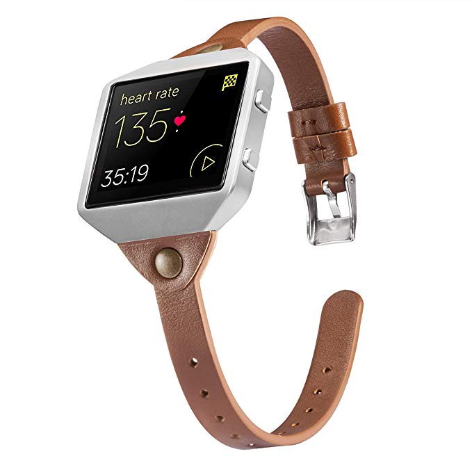 Wearlizer Compatible Fitbit Blaze Band Leather New Metal Frame Classic Genuine Leather Wristband Strap Accessory Fit bit Blaze (Brown New Type)