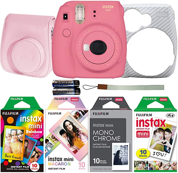 Fujifilm Instax Mini 9 Instant Film Camera Holiday Bundle (Flamingo Pink) with Four Fun Film Packs - 1 x Rainbow, 1 x Macaron and 1 x Monochrome - 40 Exposures with Accessories