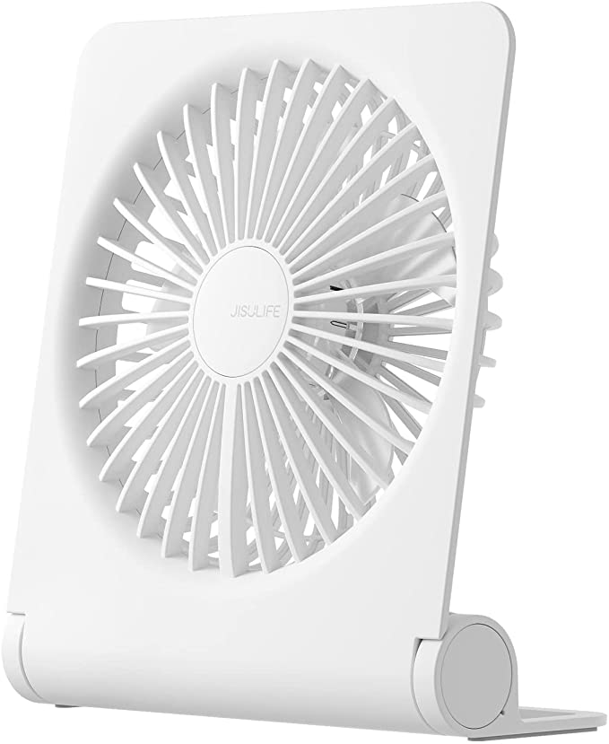 JISULIFE Small Desk Fan, Portable USB Rechargeable Fan, 160° Tilt Folding Personal Mini Fan with 4500mAh Battery, Strong Wind, Ultra Quiet, 4 Speed Modes for Office, Home, Camping - White