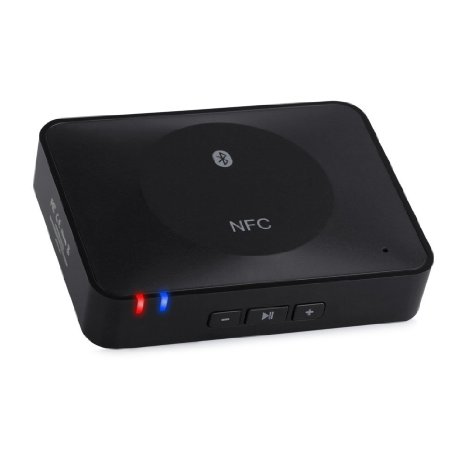 ESYNiC NFC-Enabled Wireless Bluetooth 3.0 Receiver Hi-Fi Audio Music Adapters With RCA & 3.5mm Output - Support for iPhone 6 6 Plus 5S 5C 5 iPod iPad Samsung HTC Smartphone Bluetooth Laptop Tablet PC - Built-in Microphone & Black Color