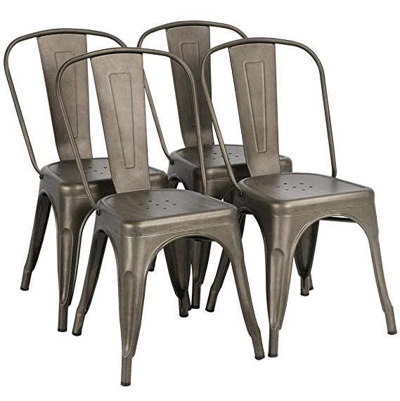 Yaheetech Iron Metal Dining Chairs Stackable Side Chairs with Back Indoor-Outdoor Classic/Chic/Industrial/Vintage Bistro Café Trattoria Kitchen Gun Metal，Set of 4