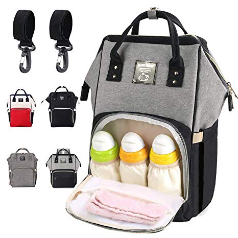 Eocean Baby Diaper Bag, Baby Bags for Mom,Multi-Function Mommy Backpack, Large Capacity Waterproof, High-quality Nappy Tote Bags with Insulated Pockets & Dry Wet Depart for Mom and Dad Going out(Grey Black) with 2 Hooks