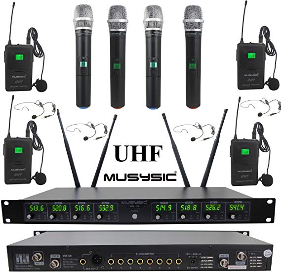 MUSYSIC MU-U8-HL Professional 8-Channels UHF Handheld & Lapel Lavalier & Headset Wireless Microphone System (FCC Compliance)
