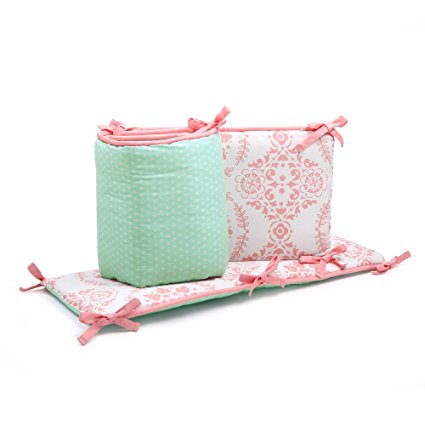 Mint Green Dots and Coral Pink Medallion Print Reversible Baby Crib Bumper