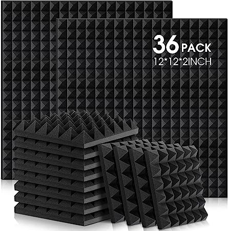 36 Pack Self-adhesive Sound Proof Foam Panels 12 x 12 x 2 Inches Pyramid Designed Acoustic Foam Panels High Density Flame Retardant Soundproof Foam for Wall Absorbing Home and Office (Black)