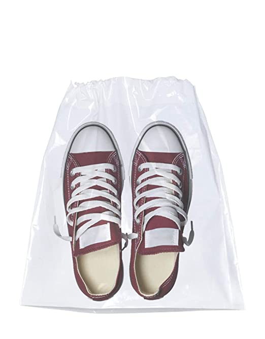 APQ Pack of 50 Travel Shoes Bags 10" x 14" Clear Plastic Drawstring Bags 10x14 Thickness 2 mil Double Cotton Drawstrings Travel Bags Shoes Storage Pouches Plastic Bags for Packing and Storing