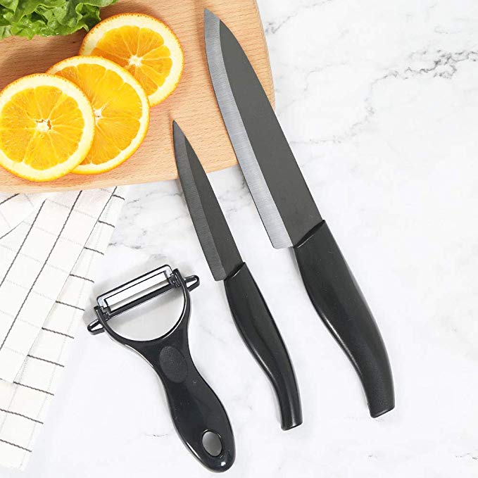 Kitchen Academy Ceramic Knife Set 3-Piece (Includes 6-inch Chef’s Knife, 4-inch Paring Knife, 1 Peeler), Ultra Sharp Kitchen Cutlery Knife Set(Black)