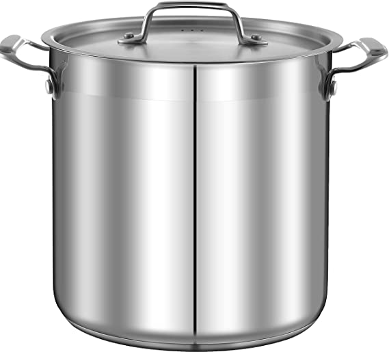 16-Quart Stainless Steel Stockpot - 18/8 Food Grade Heavy Duty Large Stock Pot for Stew, Simmering, Soup, Includes Lid, Dishwasher Safe, Works w/ Gas, Induction, Ceramic & Halogen Cooktops