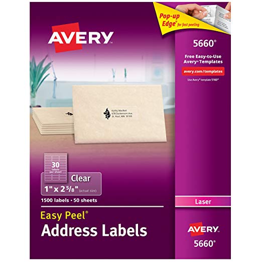 Avery Matte Frosted Clear Address Labels for Laser Printers, 1" x 2-5/8", 1,500 Labels (5660)