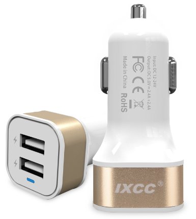 iXCC 4.8 Amp Dual USB Car Charger for Smartphones and Tablets - Gold