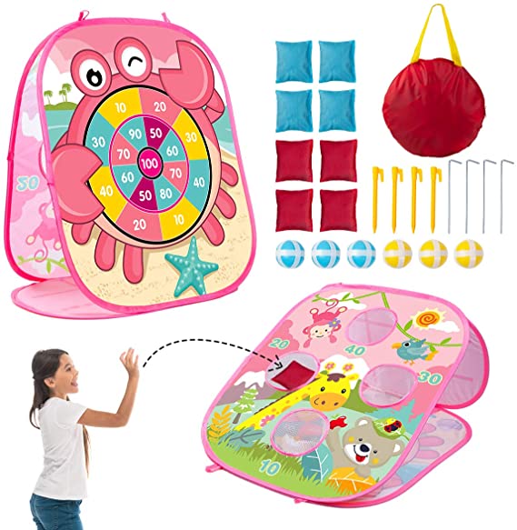 3 in 1 Bean Bag Toss Game Set for Kids, Outside Toys for Kids Toddlers Ages 3-5 4-8 4-7, Collapsible Cornhole and Dart Board with 8 Bean Bags, Crab & Turtle Themed, Birthday Gift for Boys Girls