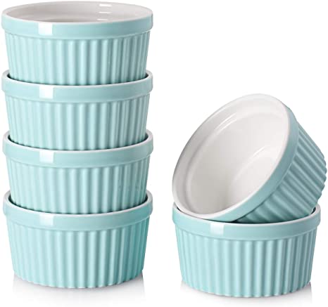 DOWAN 4 Oz Porcelain Ramekins - Souffle Dish Ramekins for Creme Brulee Pudding Oven Safe, Classic Style Ramekins Bowls for Baking, Set of 6, Blue