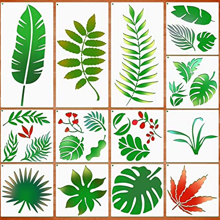 13 Pieces Leaves Stencil Leaf Painting Mylar Template Tropical Leaf Stencil Set with Metal Open Ring Reusable Drawing Painting Stencil for Painting on Wood Wall Floor Home Decor, Various Shapes