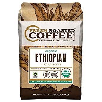 Fresh Roasted Coffee LLC, Organic Ethiopian Yirgacheffe Coffee, USDA Organic, Fair Trade, Medium Roast, Whole Bean, 2 Pound Bag