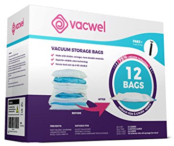 Vacwel Storage Bags, Vacuum Compress & Ziplock to Save Space for Clothing Storage. Vacuum Bags sized Jumbo, Large & Medium   4 Roll Up No Vacuum Compression bags. (12 Space Saver Bags, 1 Travel pump)
