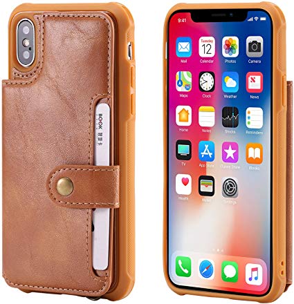 Wallet Cover Case for Apple iPhone Xs iPhone X 2017 5.8inches,Card Slot Wrist Band Leather Protective Kickstand Durable Shell Magnetic Snap Brown Women Men Boy Girl