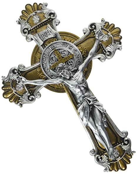 Saint Benedict Wall Cross Crucifix with Antique Silver and Gold Finish, 10 1/4 Inch
