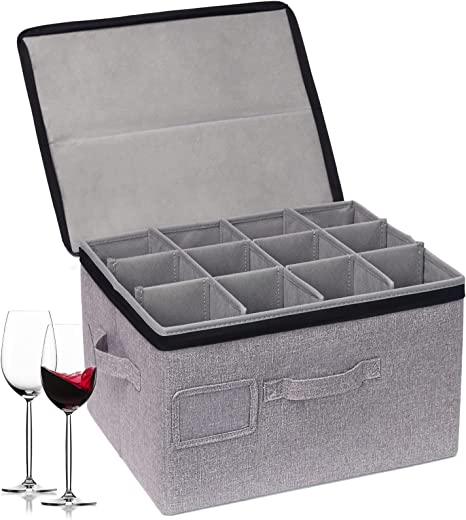 Sakuchi Wine Glass Storage Container with Hard Shell, Glassware Storage Case Holds 12 Wine Glasses or Crystal Glassware with Handles (Grey)