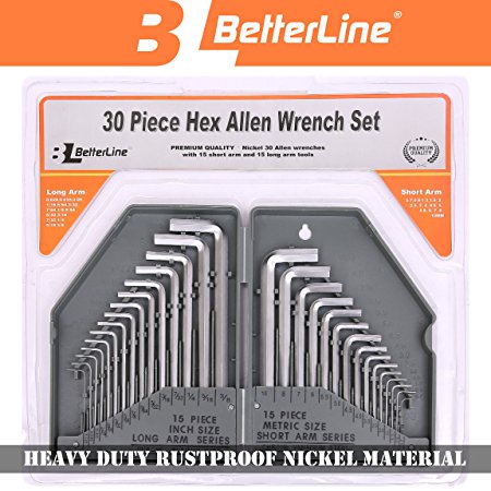 Heavy Duty Rustproof 30-Piece Hex Key Allen Wrench Set by Better Line - 15 Long Arm (Inches) and 15 Short Arm (Metric) Allen Keys - Durable Nickel Metal (Grey) - Comes in Strong Plastic Case