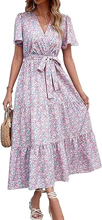 MASCOMODA Womens Boho Swiss Dot Maxi Dresses Wrap V Neck Flutter Short Sleeve Solid Tie Belt A Line Tiered Flowy Long Dresses