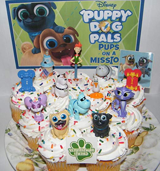Disney Puppy Dog Pals Deluxe Cake Toppers Cupcake Decorations Set of 14 with Figures, 2 Skateboards, PAW Tattoo and Pals Sticker Featuring ARF, Bingo, Rolly and Friends.