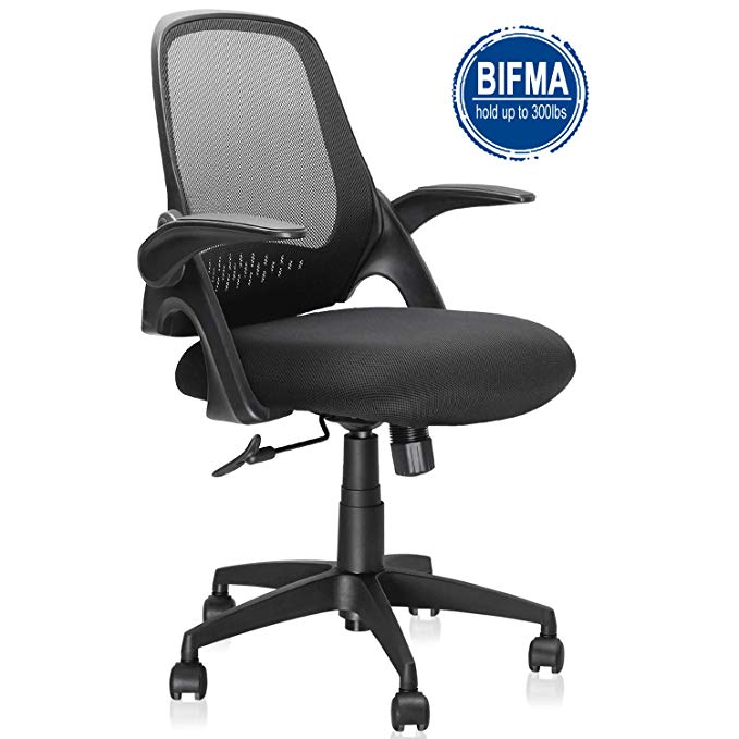 Mid-Back Mesh Office Chair, Ergonomic Desk Chairs Swivel Computer Task Chairs with Adjustable Height and Flip-up Armrest - Lumbar Support and Sponge Cushion in Black (Black)