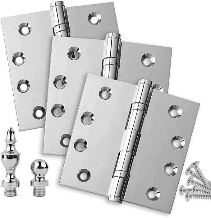 Door Hinges 4" x 4" Extruded Solid Brass Ball Bearing Hinge Heavy Duty Polished Chrome (US26) Stainless Steel Pin, Architectural Grade, Ball/Urn/Button Tips Included (3)