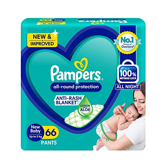 Pampers All round Protection Pants, New Born, Extra Small size baby diapers (NB,XS) 66 Count, Lotion with Aloe Vera