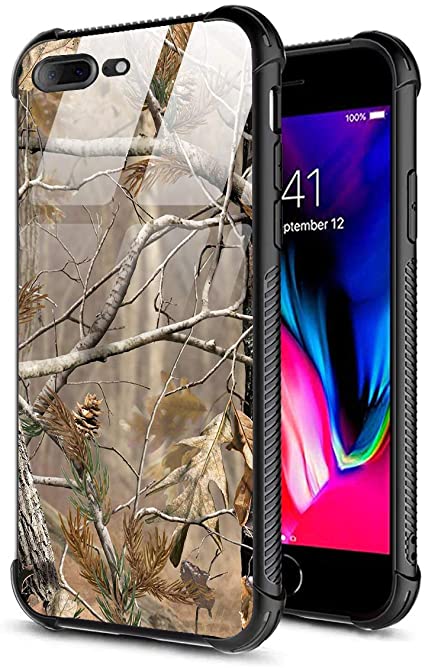 iPhone 7 Case, iPhone 8 Case, 9H Tempered Glass Back Cover Pattern Design   Soft Silicone TPU Shock Absorption Bumper Protective Case Compatible for iPhone 7/8 Branch Camouflage