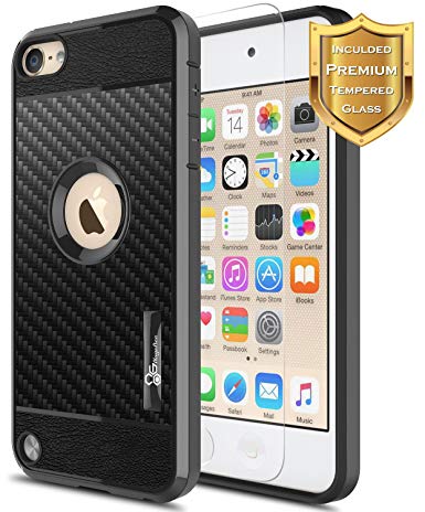 NageBee For iPod Touch Case, iPod 5 & 6th Gen Case w/[Tempered Glass Screen Protector] [Frost Clear] [Carbon Fiber] Slim Soft TPU Cover Cute Case For Apple iPod Touch 5/6th Generation -Black