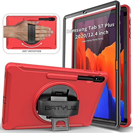 BATYUE Galaxy Tab S7 Plus Case with Screen Protector S Pen Holder Hand Strap Rotating Kickstand, Rugged Heavy Duty Shockproof Case for Samsung Tab S7  12.4" (2020) SM-T970/T975/T976 (Red)