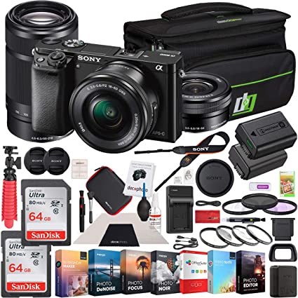 Sony Alpha a6000 Mirrorless Digital Camera with 16-50mm Lens Bundle with Photo and Video Professional Editing Suite, 2X 64GB Memory Card, Bag, Battery and Accessories (5 Items)