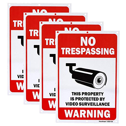 Video Surveillance Sign 4 Pack - Hockham 24 Hour No Trespassing Reflective Warning Signs,Aluminum Metal Indoor & Outdoor Use for CCTV Security Camera, UV Protected & Weatherproof - 10 x 7"