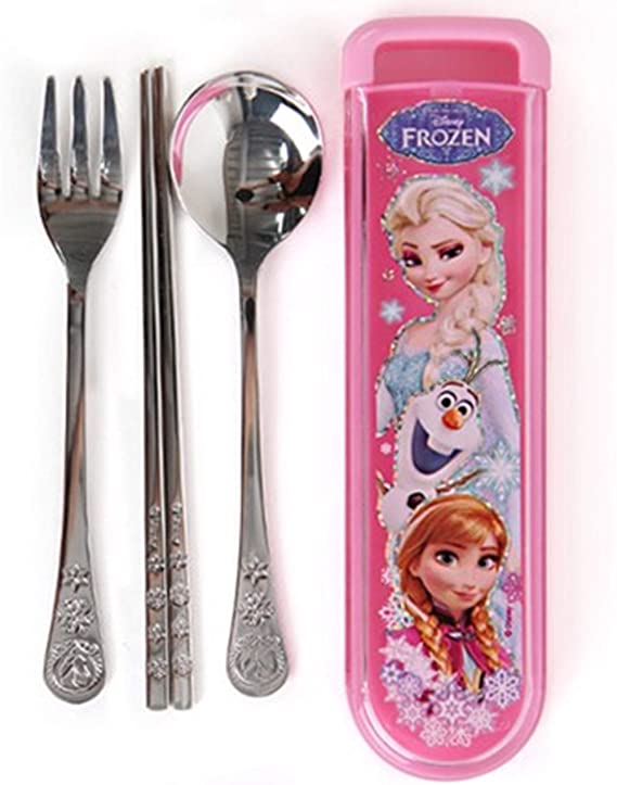 Disney Frozen Queen Elsa Kids Children Fork Spoon Training Chopsticks Flatware Utensil Cutlery Dinnerware Tableware Set with Case - Pink