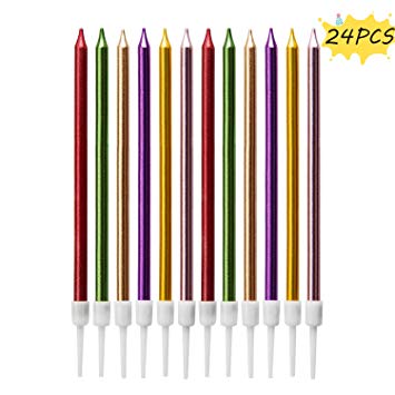 LUTER Metallic Birthday Candles in Holders Multi Color Tall Birthday Cake Candles Long Thin Cupcake Candles for Birthday Wedding Party Decoration(24 Pieces)