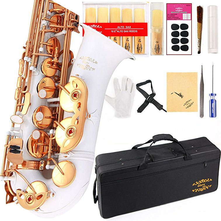 Glory White/Gold Keys E Flat Alto Saxophone with 11reeds,8 Pads cushions,case,carekit-More Colors with Silver or Gold keys