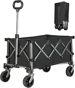 Collapsible Wagon, Heavy Duty Folding Utility Garden Cart with Big All-Terrain Wheels, Beach Wagon with 220lbs Weight Capacity, Collapsible Folding Wagon for Sports, Shopping, Camping (Black)