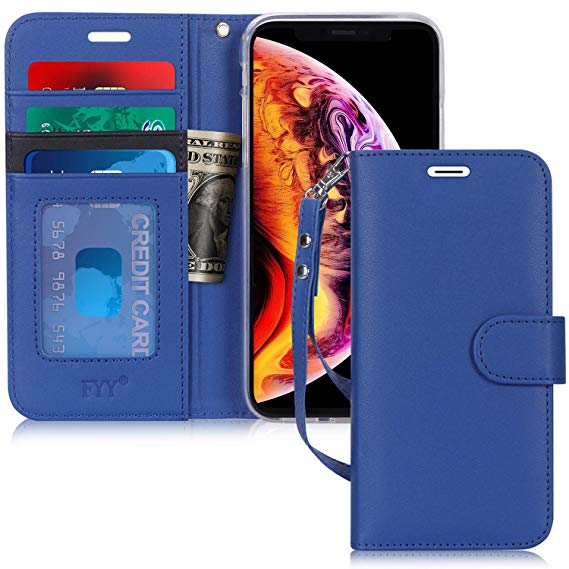 FYY Leather Wallet Case for Apple iPhone Xs Max (6.5") 2018, [Kickstand Feature] Flip Folio Case with ID Credit Card Pockets, Note Holder, and Wrist Strap for Apple iPhone Xs Max (6.5") 2018 Navy
