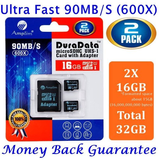Two Amplim 16GB microSDHC Card Plus Adapter Pack (Class 10 Micro SD Extreme Pro UHS-I microSD Memory). Ultra High Speed 2 16 GB SDHC UHS-1 TF Flash Adaptor Duo. 16G 90MB/s 600X hc class10 Performance