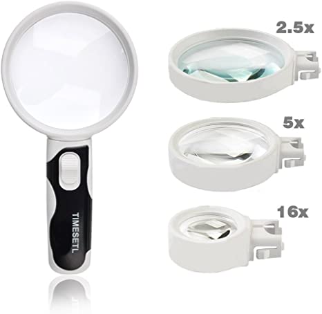 TIMESETL Handheld Magnifier with LED Light, 2.5X 5X 16X Interchangeable Acrylic Lense, Portable Illuminated Reading Aids Magnifying Glass with Battery