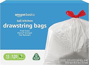 Amazon Basics Flextra Tall Kitchen Drawstring Trash Bags, 10% Post Consumer Recycled Content, Clean Fresh Scent, 13 Gallon, 120 Count, Pack of 1