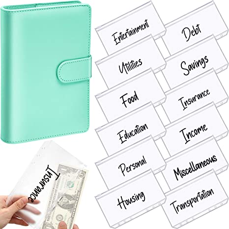 A6 PU Leather Notebook Binder Planner Budget Organizer 6 Round Ring Binder Cover Magnetic Personal Planner Binder with 12 Pieces Binder Pocket 6 Hole Binder Zipper Folder for Bill Planner (Green)