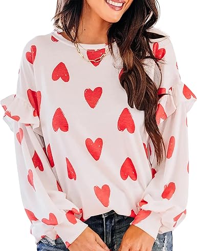 Ivay Womens Heart Printed Long Sleeve Tops Tee Shirts